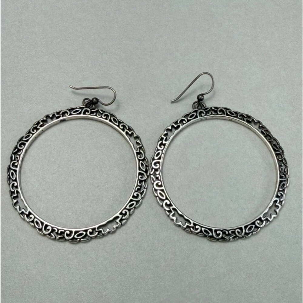 Statement Silver Tone Filigree Round Hoop Dangle Earrings Modern